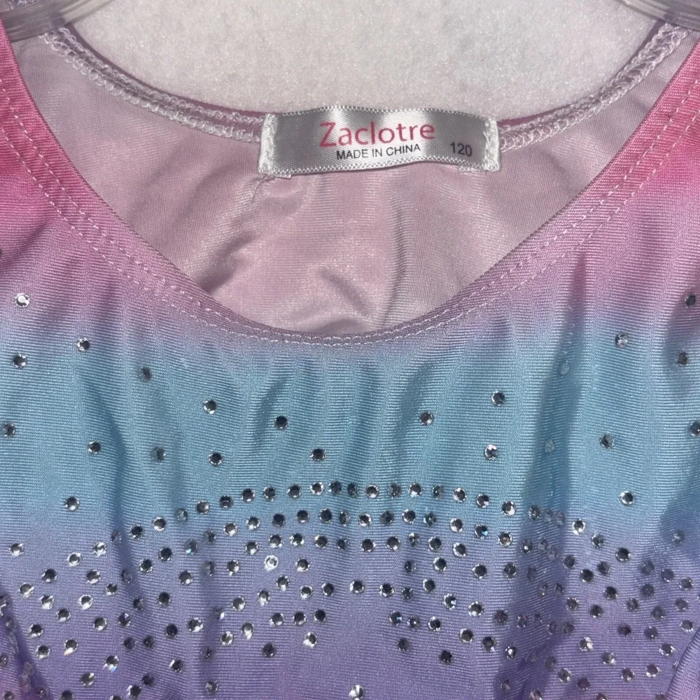 Zaclotre Girls‎ leotard singlet cotton candy rhinestones blue pink size 120 4/5